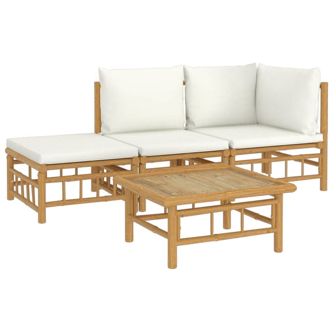 vidaXL - 4-delige - Loungeset - met - kussens - bamboe - crèmewit