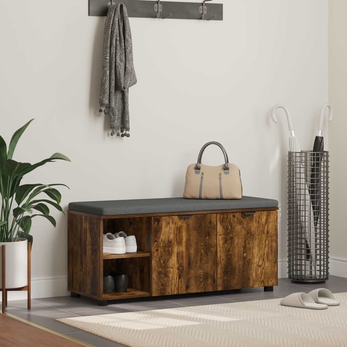 vidaXL - Hallenbank - met - kussen - met - plank - Gerookte - Eik - 100 - x - 38 - x - 46 - cm