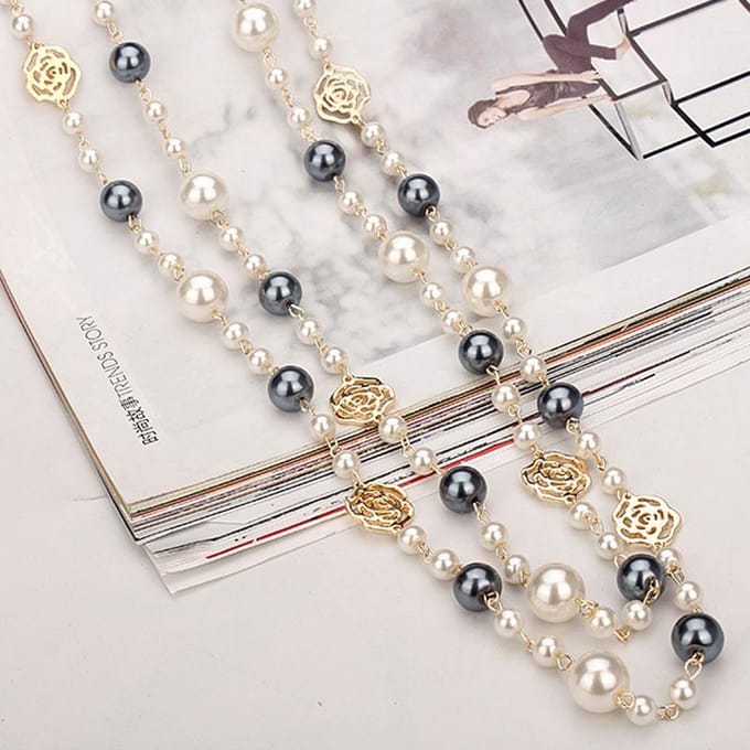 Beroemde Camelia Parel Lange Ketting Voor Vrouwen Dubbele Laag collane lunghe donna Roos Bloem Truiketting Ketting gray