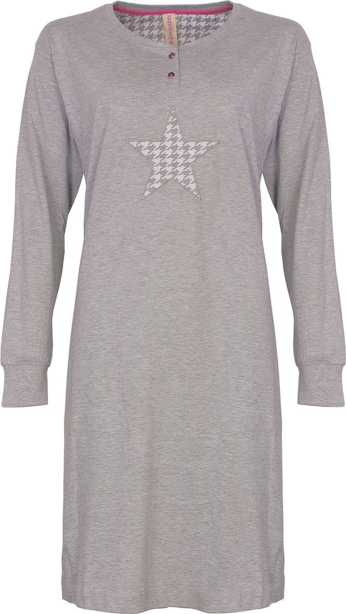 Irresistible Dames Nachthemd - Sterprint - Knoopsluiting - Grijs - Maat M