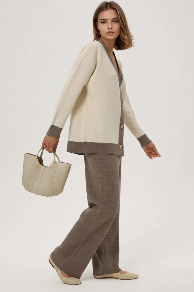 Geknoopte Cardigan & Textuur Hoog Midden Taille Gebreide Broek Co-Ord Set