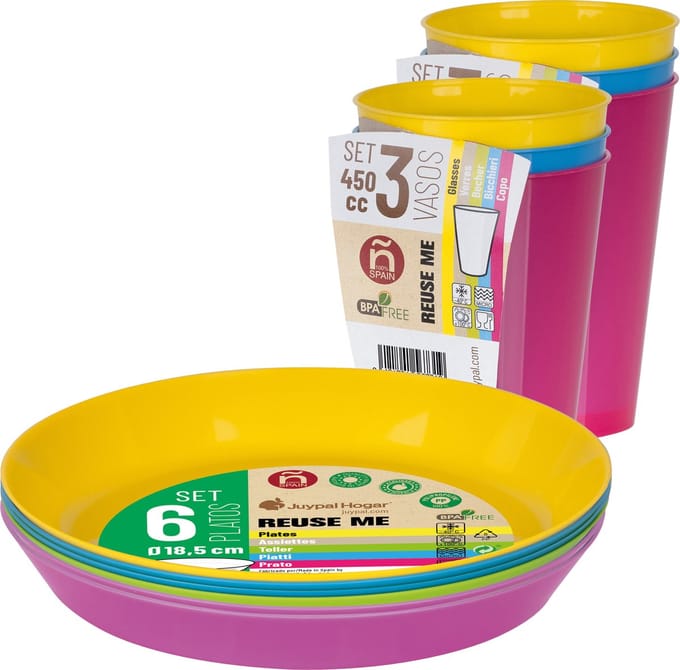 Juypal Servies set - 6x borden en drinkbekers - multi - kunststof - herbruikbaar