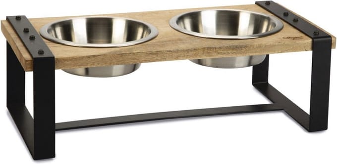 Designed by Lotte Karinto Voerbak Hond - Dinerset - Eetbak/Drinkbak Hond - Hout/metaal - 2x1300ml - Size L