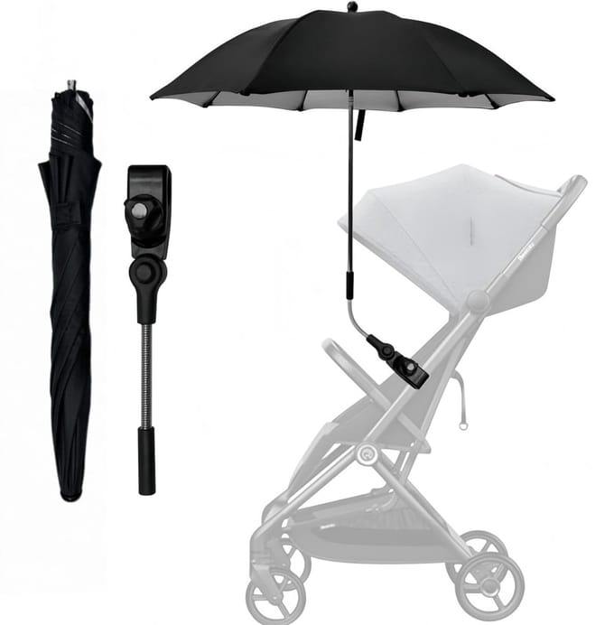 Parasol voor kinderwag, universele UV-bescherming, verstelbare klem, zwart