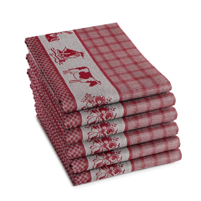 DDDDD - 6x Theedoek - Dutchie - Set van 6 - Katoen - Geruit - Nederlandse Print - 60x65 cm - Rood