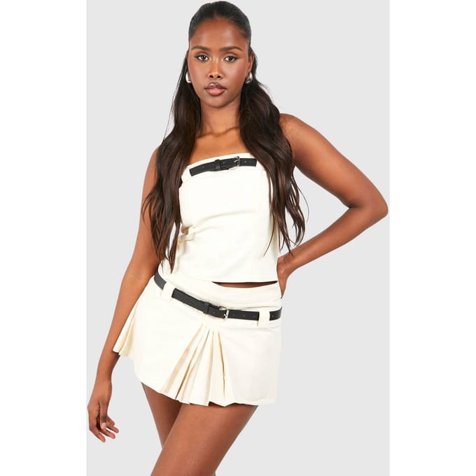 boohoo Dames Belt Detail Geplooide Micro Mini | Creme | Maat: 34