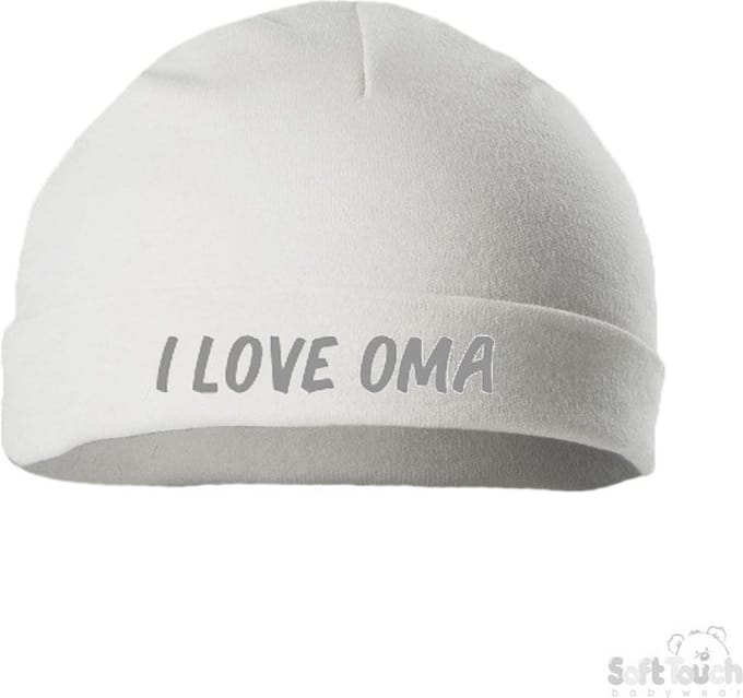 Soft Touch Mutsje Rolmutsje Bedrukt "I Love Oma" Wit/grijs Maat New Born Maat 56