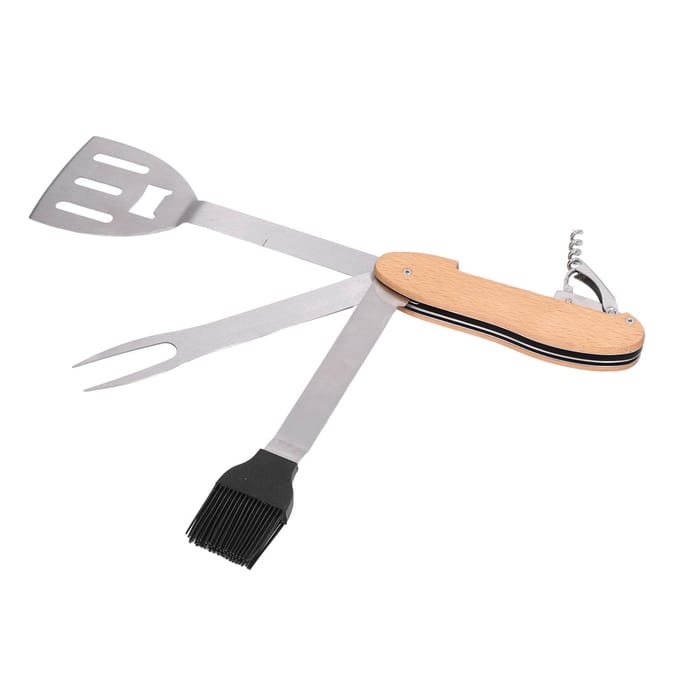 BBQ Gereedschap Set 5 in 1 Multifunctioneel Opvouwbaar Draagbaar Spatel Borstel Vork Flesopener Roestvrij gray