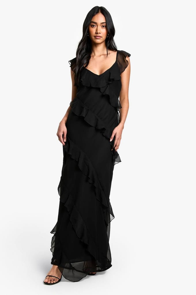 boohoo Dames Chiffon Maxi-jurk met Ruffles en Bandjes | Black | Maat: 18