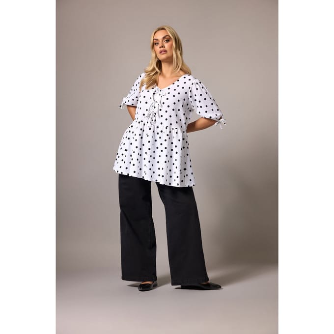 Yours Witte Peplumtop Met Stippen En Strik Aan De Voorkant Size 48