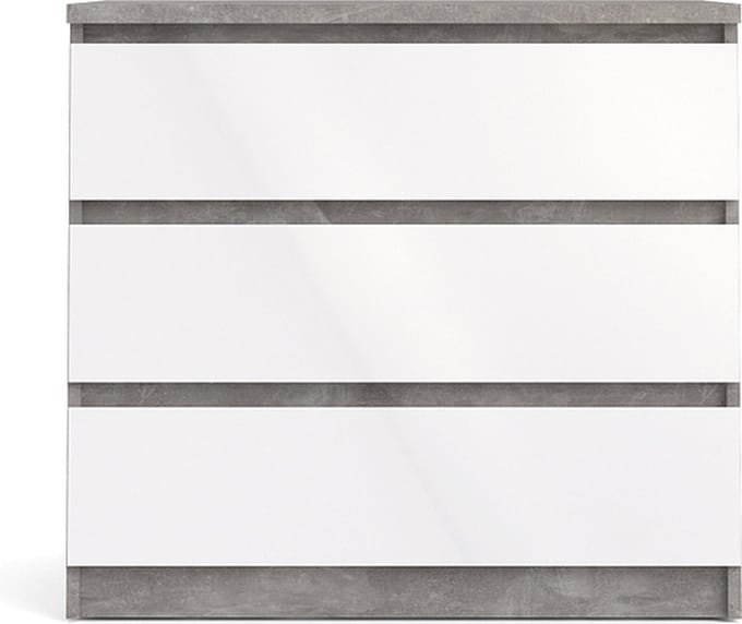 Nada kommode laag met 3 lades, betondecor/wit hoogglans.