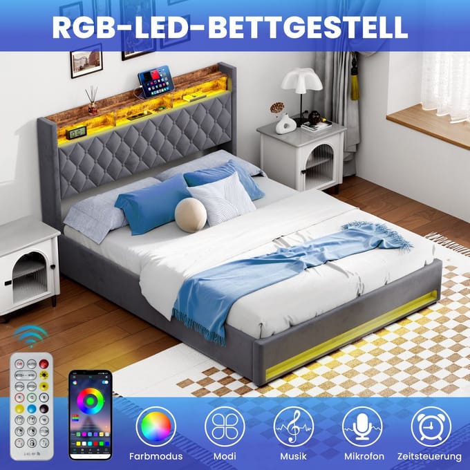 STILVORA Opbergbed 160x200 cm - Groot Opbergvak - USB-Aansluiting - LED-Licht - Veilig Design - Grijs - Samt + Metaal + Hout