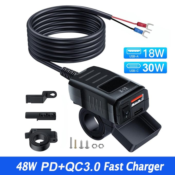 48W PD QC3.0 Motoroplader Dubbele Poorten met Voltmeter & Schakelaar 12V-24V USB Type C Waterdichte SAE Stuurstroomadapter PD+QC3.0 No Voltmeter