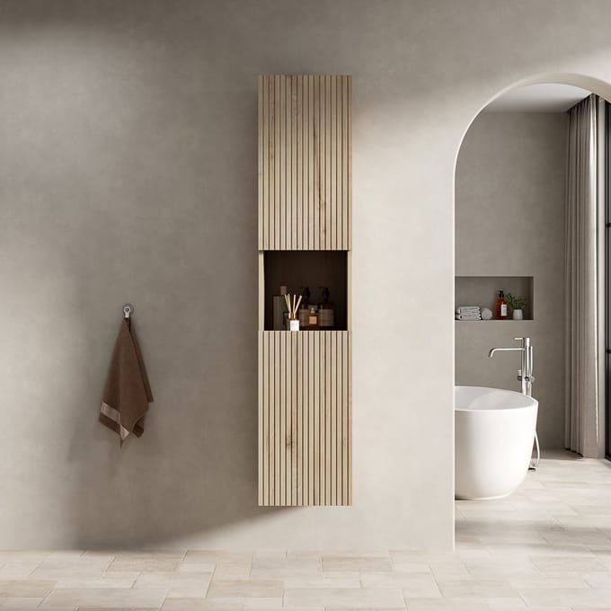 MODFU Badkamerkast - 2 Deuren En Open Opbergvak - Smal - Voor Badkamer - Multiplex - Witte Eik - 160 cm