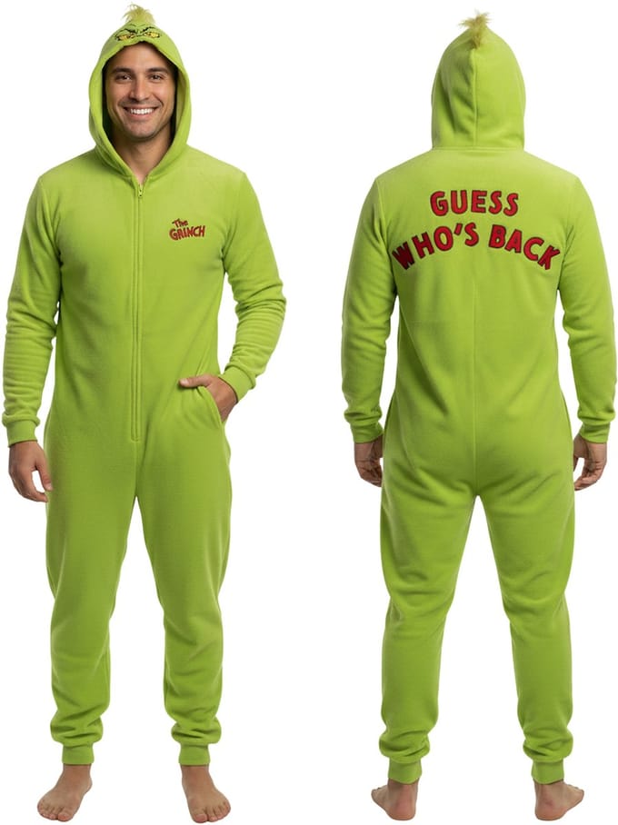 Grinch Polar pyjama met ritssluiting, kerstthema, warme onesie voor heren met capuchon