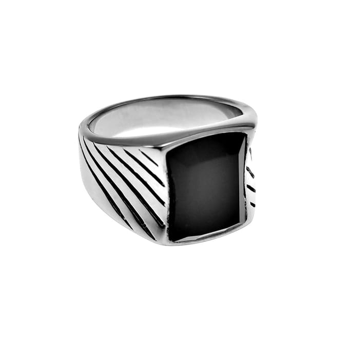 Ring Heren - Gepolijst RVS - Golvende Ring - Zegelring met Onyx Steen