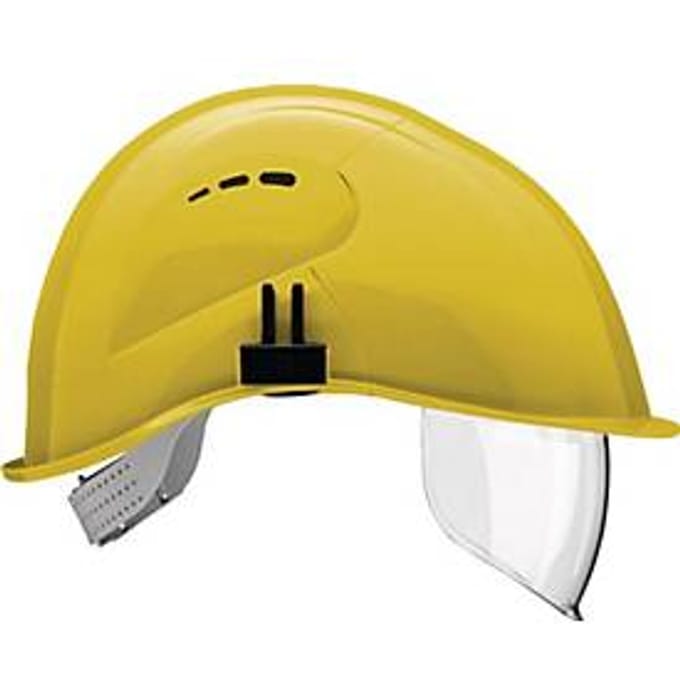 VOSS VisorLight veiligheidshelm, polyetheen, zwavelgeel, EN 397, geïntegreerd vizier EN 166, voor brildragers, 6-punts harnasgordel