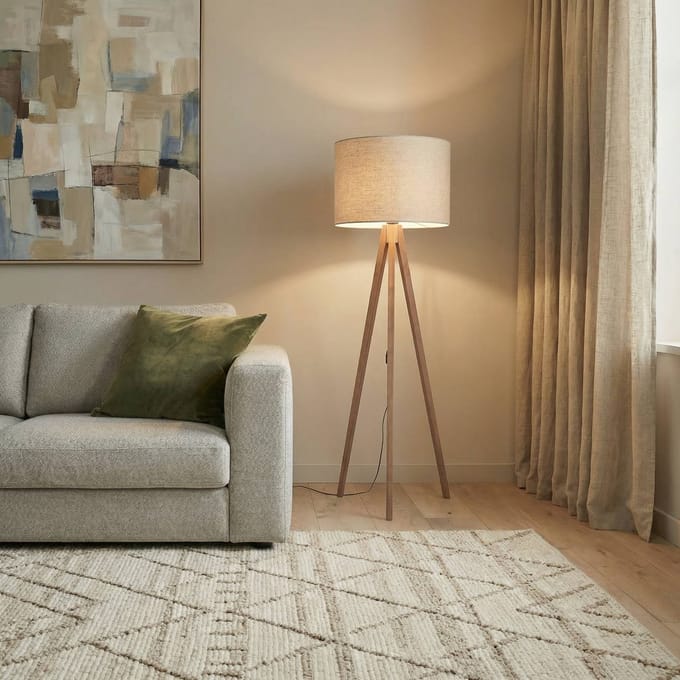 TK Lighting Vloerlamp Grand, beige/notenhout, hoogte 145 cm, E27