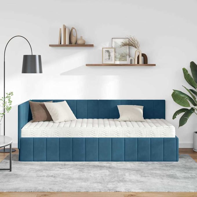vidaXL - Hoekbedframe - met - Matras - 2 - st - Blauw - 80 - x - 200 - cm - Fluweel