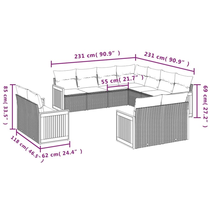 vidaXL - 11-delige - Tuinset - met - kussens - poly - rattan - beige