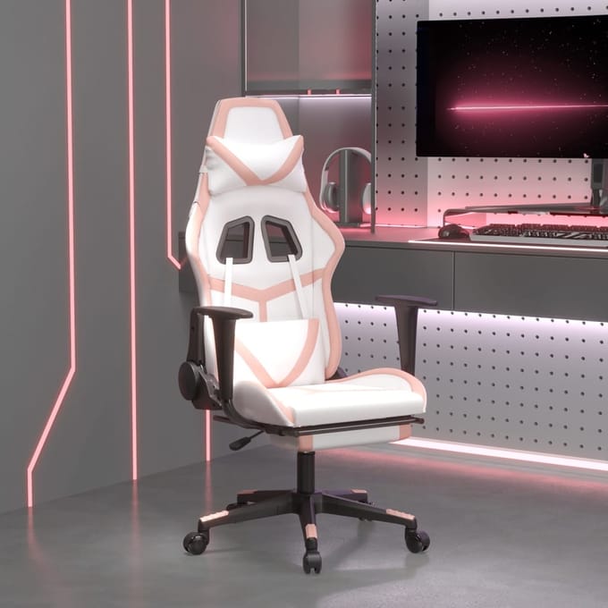 vidaXL - Gamestoel - met - voetensteun - kunstleer - wit - en - roze