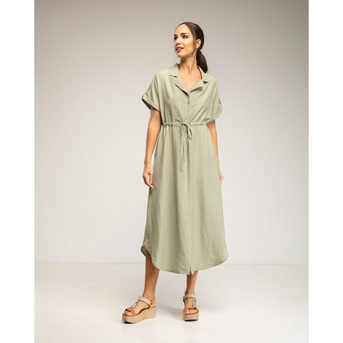 Midi-jurk met elastische taille en borst, rimpelmouwen en zakken