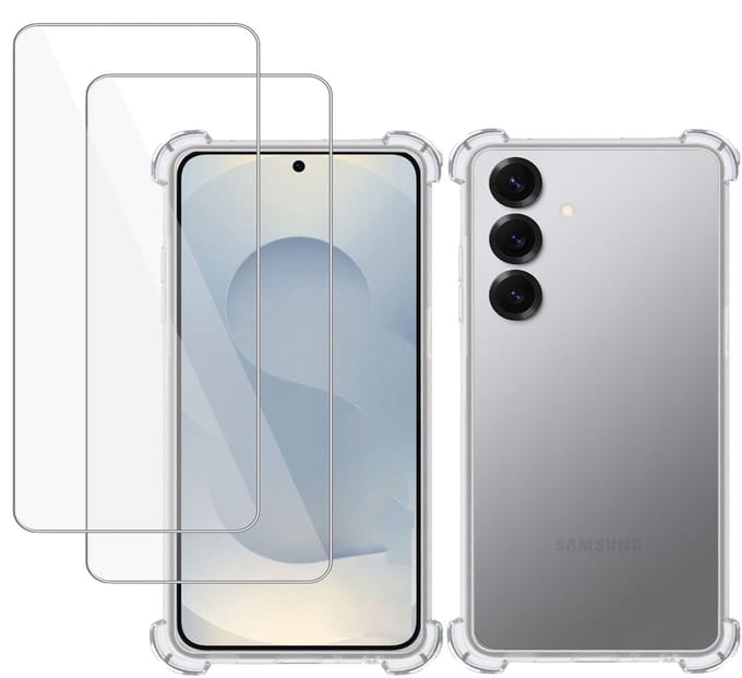 TechNow Hoesje + 2x Screenprotector geschikt voor Samsung Galaxy S25 – Tempered Glass - Extreme Shock Case Transparant