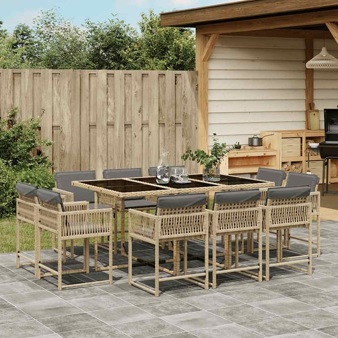 vidaXL - 11-delige - Tuinset - met - kussens - poly - rattan - gemengd - beige