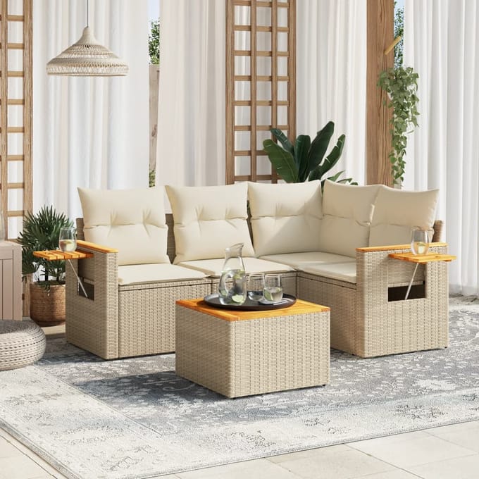 vidaXL - 5-delige - Loungeset - met - kussens - poly - rattan - beige