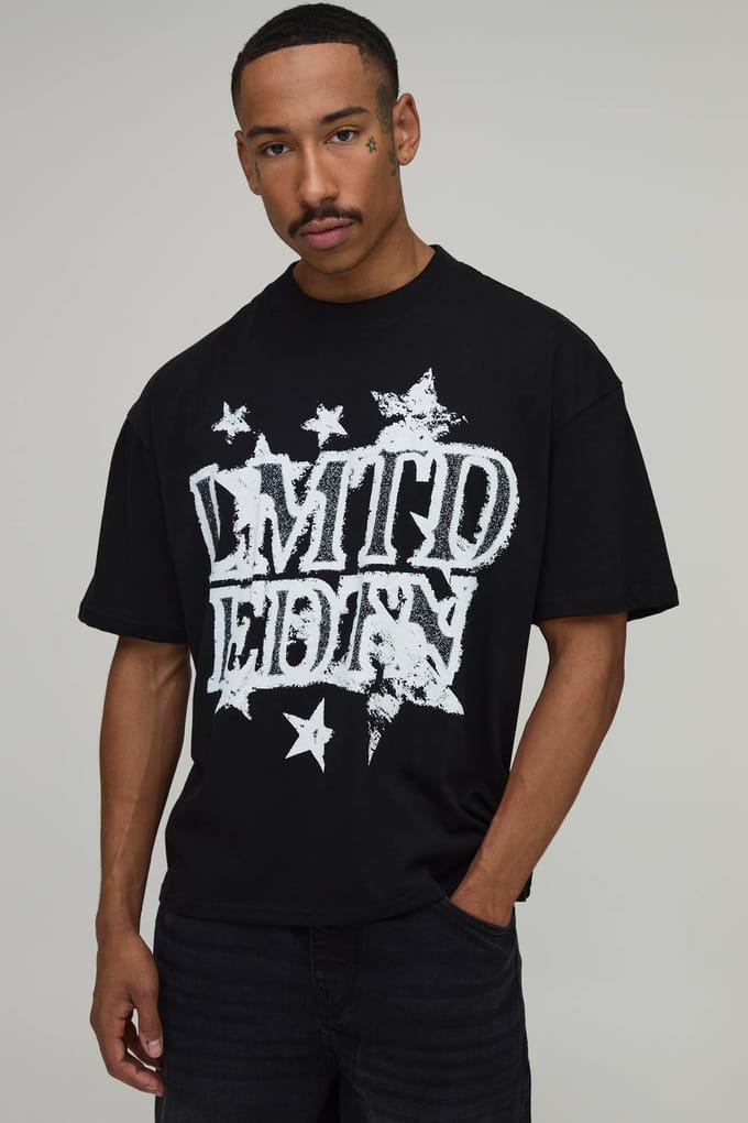 Zwart Oversized Boxy Limited Edition T-shirt Met Sterrenprint | Black | Size Large