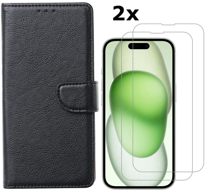 Hoesje Geschikt voor iPhone 15 hoesje bookcase met 2x screenprotector – Zwart