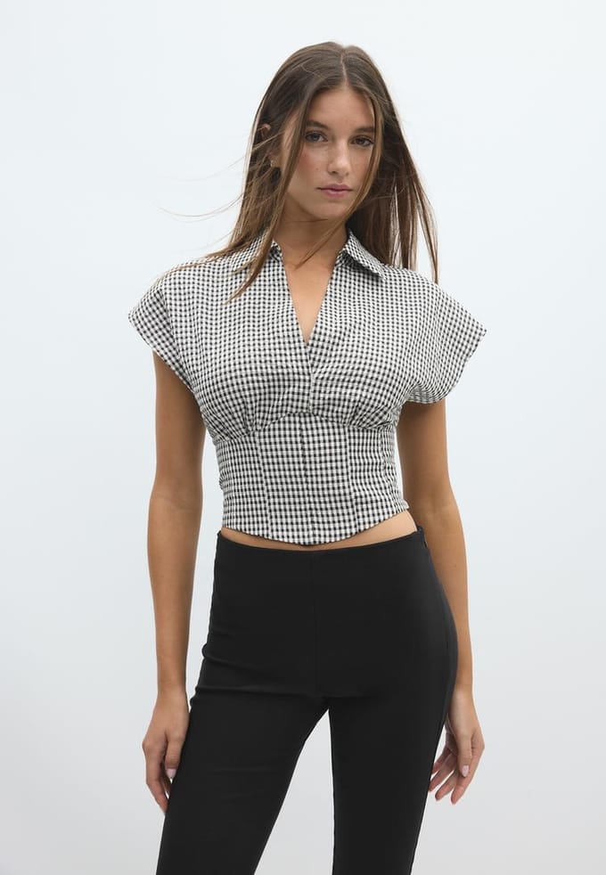 Stradivarius Geruite blouse met strik  Ecru S