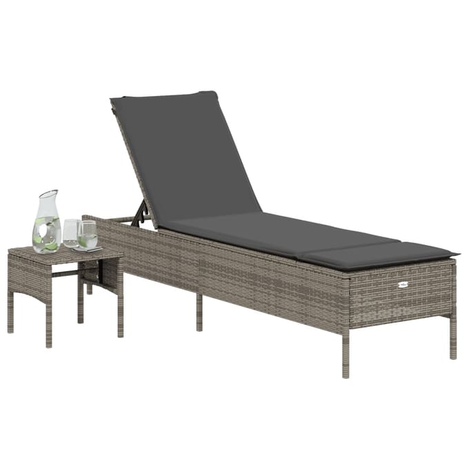 vidaXL - Ligbed - met - tafel - en - kussen - poly - rattan - grijs