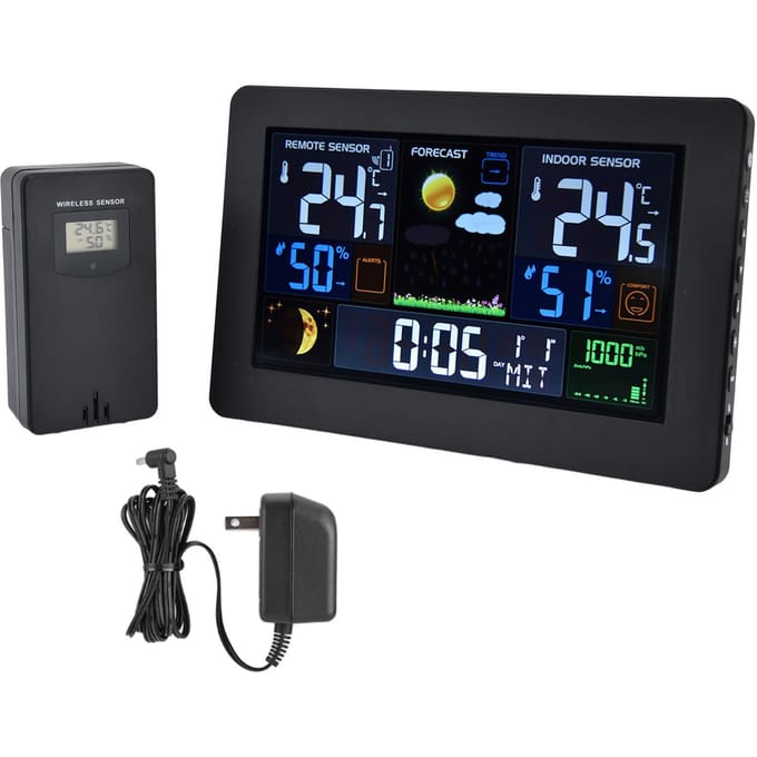 Digitaal kleurenweerstation met meerdere gegevens, achtergrondverlichting, grote cijfers, thermometer black