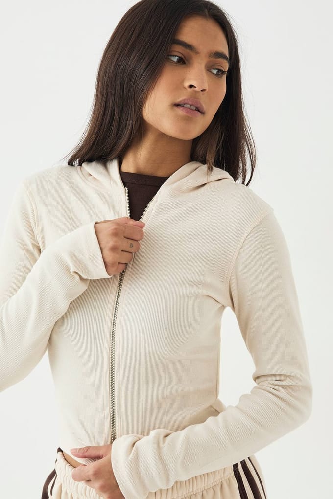 Dames DSGN Studio Zip-Through Hoodie met Ribstructuur | Stone | Maat: Large