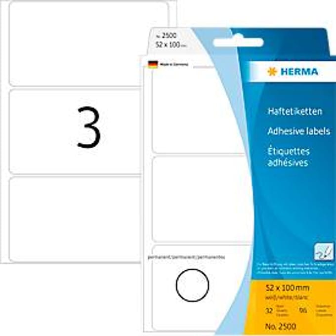 Universele etiketten Herma, 52 x 100 mm, zelfklevend, permanent, mat, 96 stuks, wit