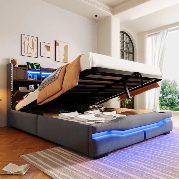 MODFU Bedframe – 140x200 cm – Gestoffeerd linnen – Met opbergruimte & LED – Grijs