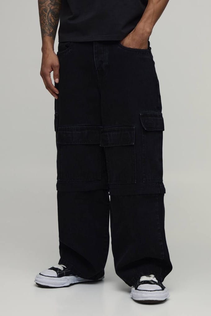 Wijde Cargo Jeans Met Ritssluiting Afneembare Pijpen | Washed Black | Size 34