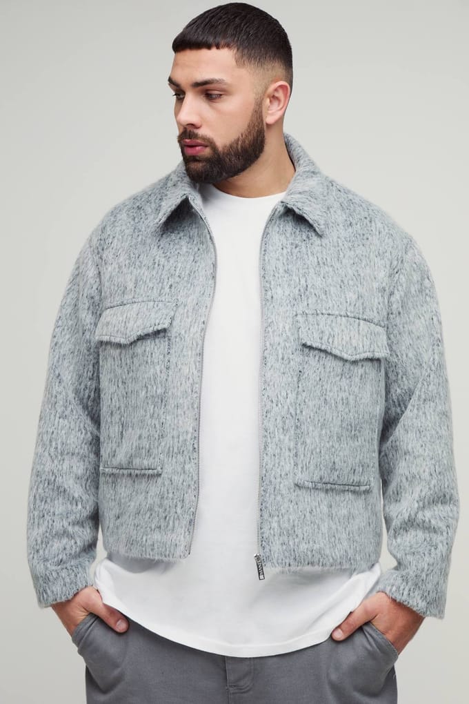 Plus Wool Blend Smart Zip Up Regular Fit Cargo Jacket | Grey | Size 2XL