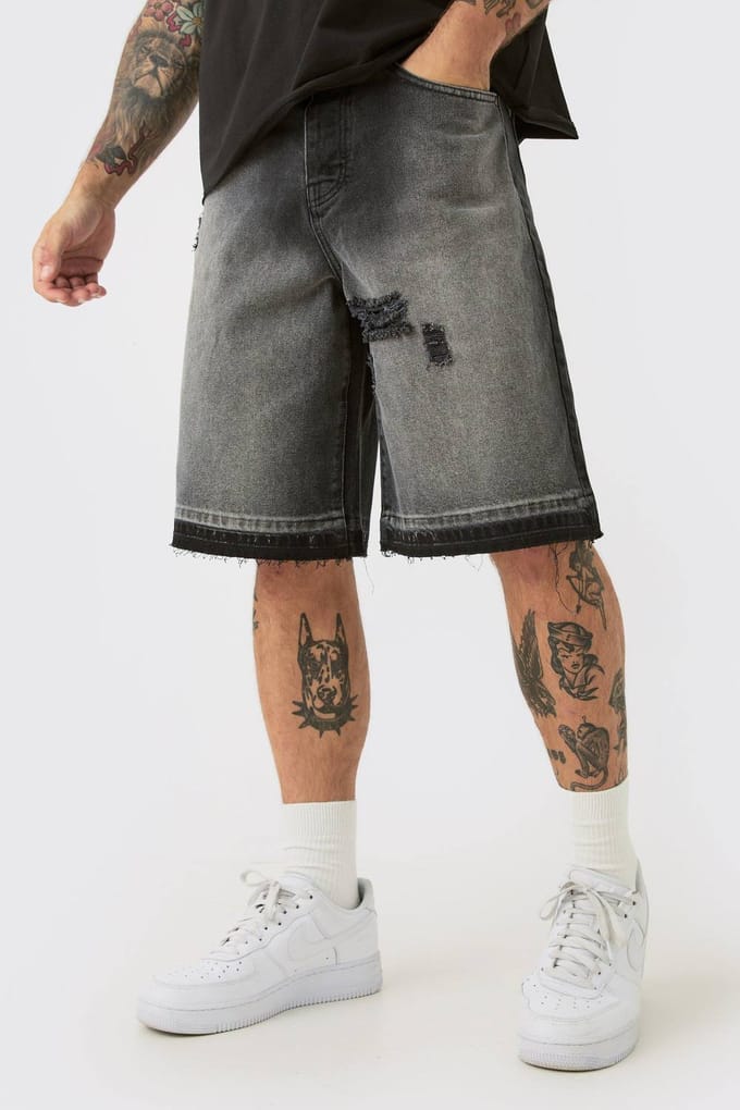 Ripped Denim Jorts In Black | Washed Black | Size 44
