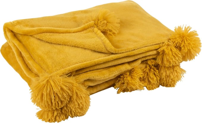 J-Line plaid Pompom - polyester - oker - 170 x 130 cm