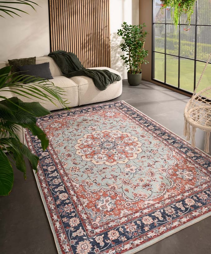 Vintage buitenkleed - Valenca Nova saliegroen/rood 80x150