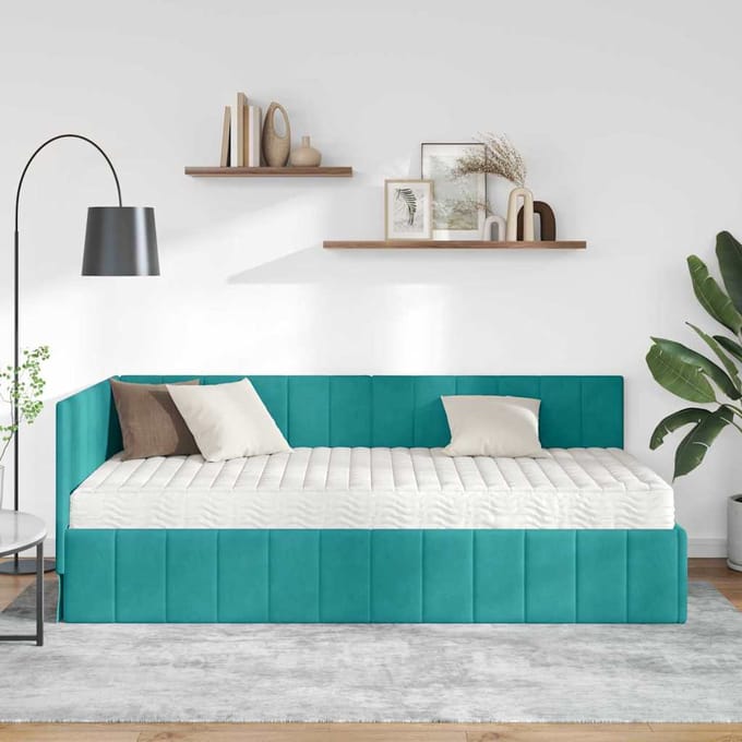 vidaXL - Hoekbedframe - met - Matras - met - hoofdeinde - 2 - st - Turquoise - Fluweel