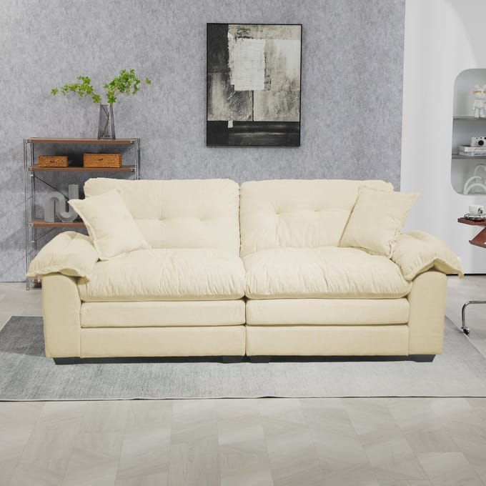 MODFU 2-Zits Sofa - Diepe Zitting En Dubbel Zitkussen - Chenille - Beige - 214 x 89 x 93 cm