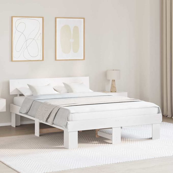 vidaXL - Bedframe - met - hoofdeinde - Wit - 150 - x - 200 - cm - Massief - grenenhout