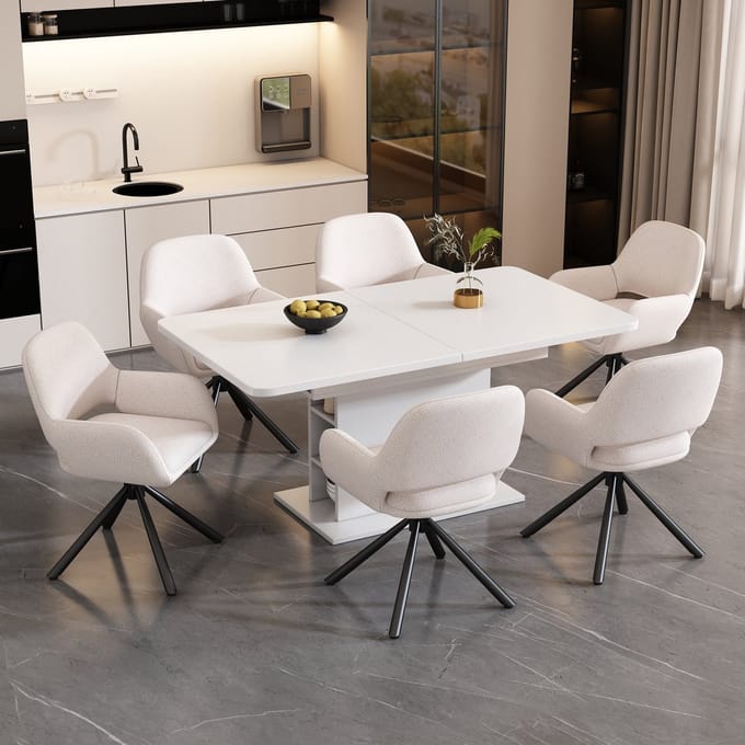 REDOM - Set Van 6 Eetkamerstoelen - Draaibaar Met Armleuningen - Modern - Sherpa - Wit