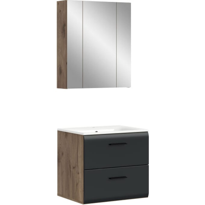 Badcombinatie met Wastafel en Spiegelkast - Zwart Mat en Eiken Look - 60 cm