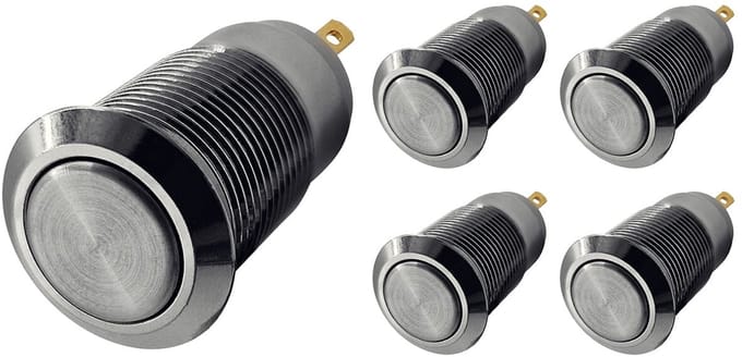 ProRide Mini Pulsschakelaar Normally Open - 12mm Metaal - 12V/24V - Platte Knop - Zilver - 5 stuks