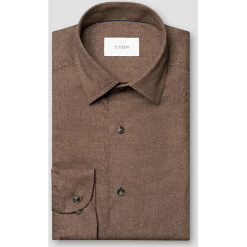 Eton Overhemd Solid Color Double-Twisted Yarn Cotton Flanel Bruin / male