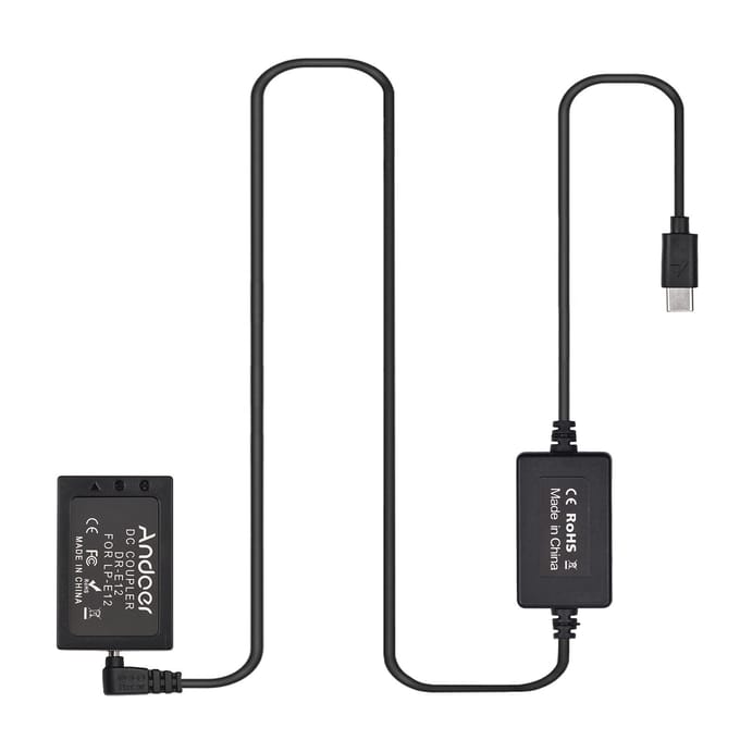 Andoer PD USB Type-C-kabel naar DR-E12 Dummy-batterij DC-koppeling LP-E12 Vervanging voor Canon EOS M2 zwart